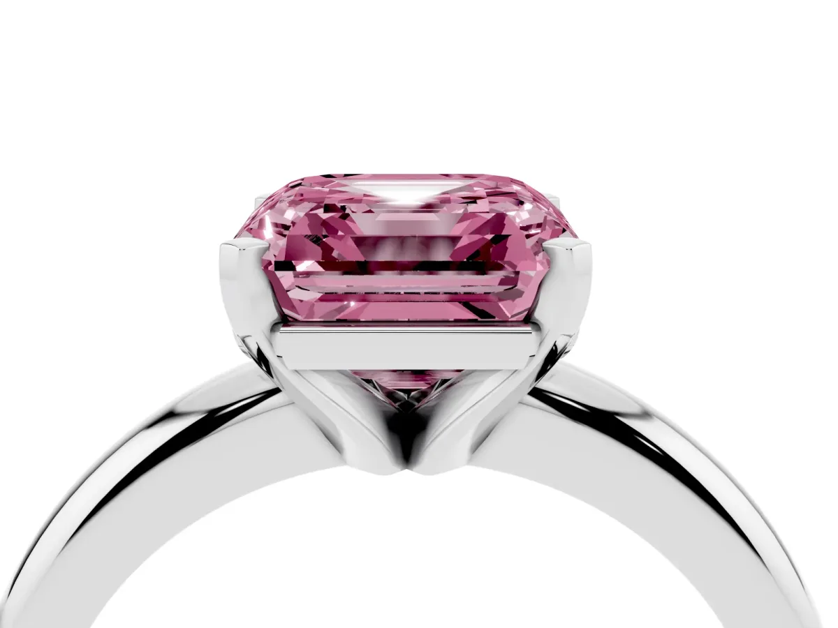 Fancy Pink Asscher Cut Diamond Solitaire Engagement Ring with Round Band and Four-Prong Setting Platinum
