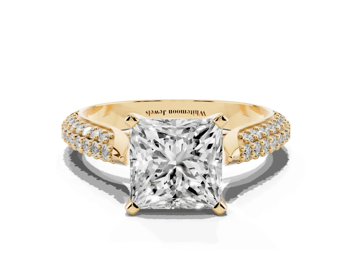 Princess Cut Diamond Solitaire Engagement Ring with Multi-Row Round Pavé Band and Prong Setting Yellow gold