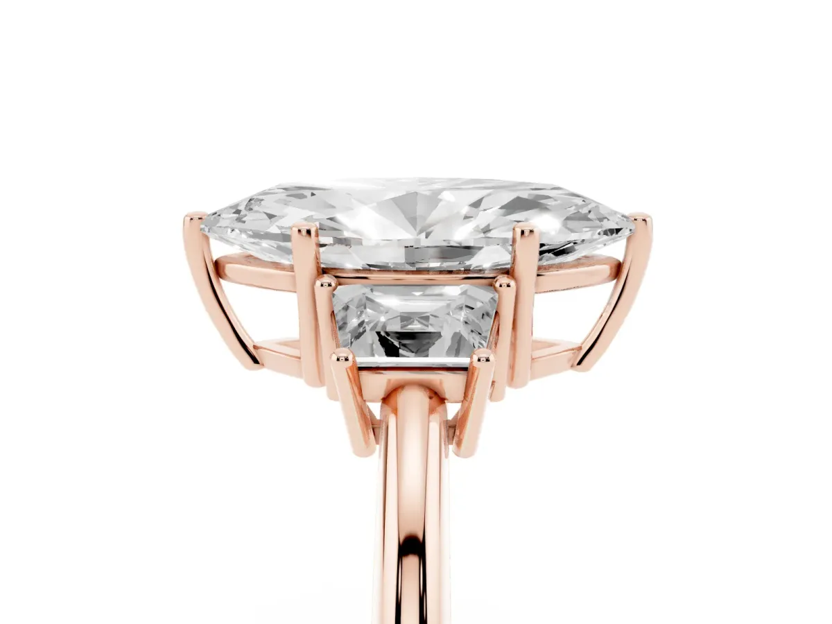 Marquise Cut Diamond Three-Stone Ring with Trapezoid Side Stones and Prong Setting Rose gold