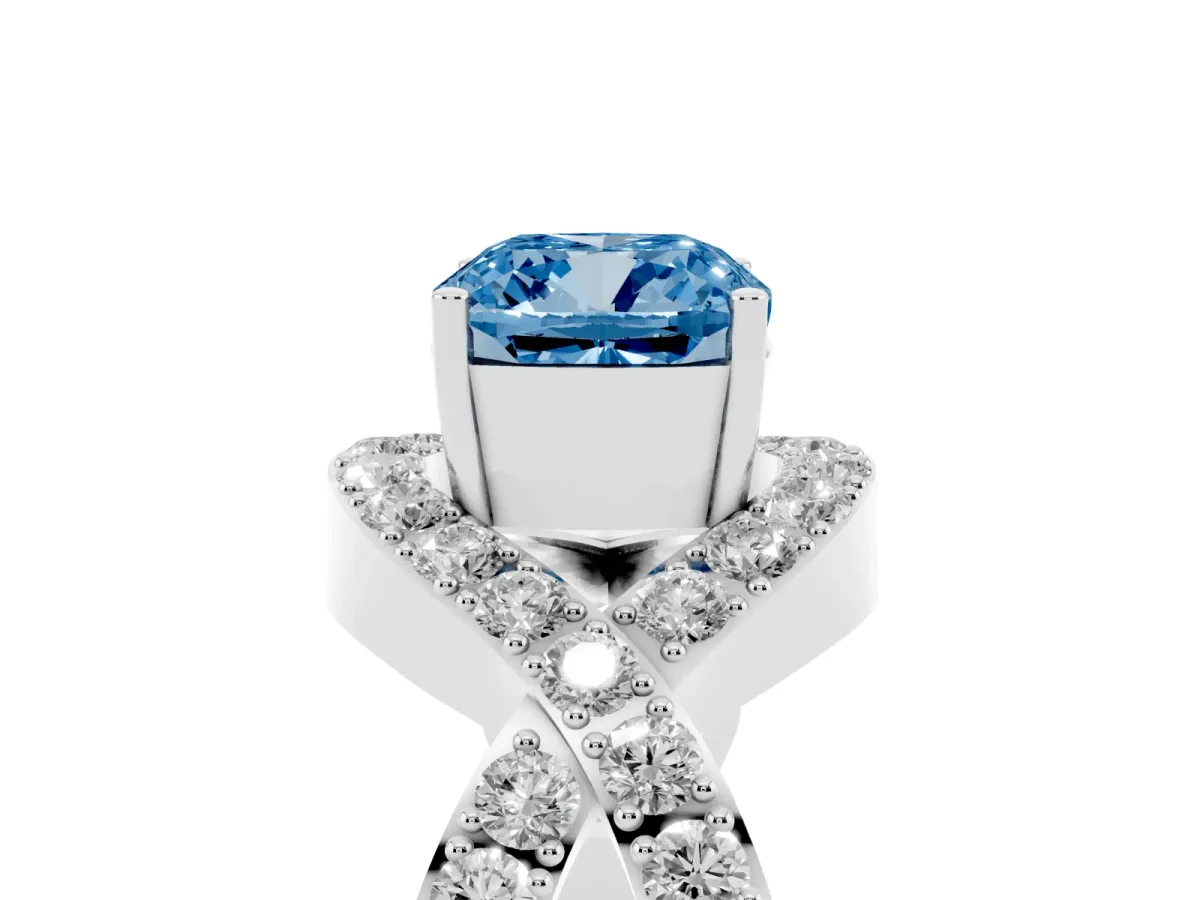 Fancy Blue Cushion Cut Solitaire Twist Band Pavé Diamond Engagement Ring White gold