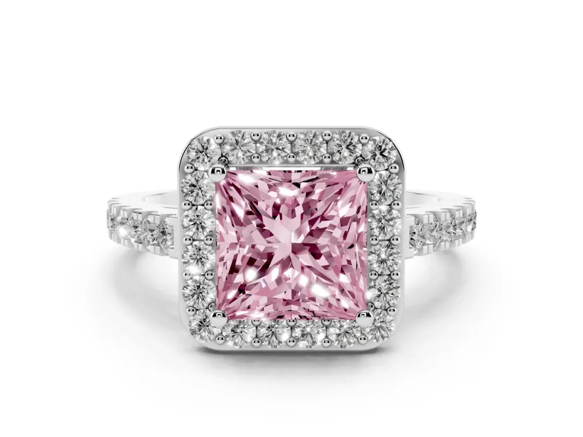 Fancy Pink Princess Cut Diamond Halo Ring with Round Pavé Split Shank and Prong Setting Silver