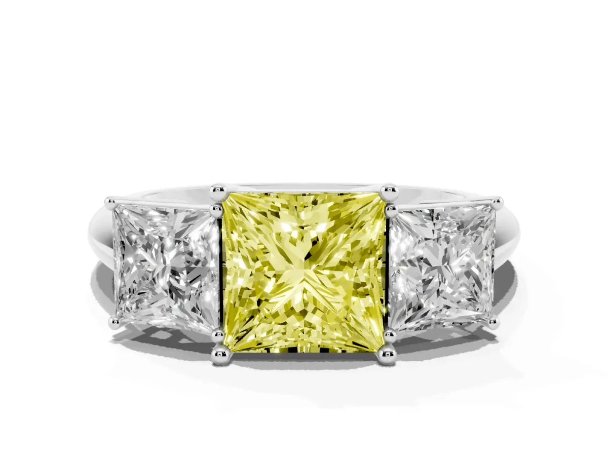 Fancy Yellow Three-Stone Princess Cut Cut Diamond Engagement Ring with Prong Setting on a White Gold Band White gold
