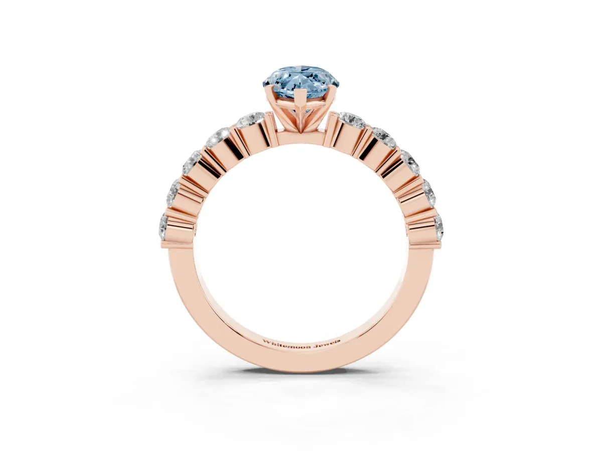Fancy Blue Marquise Cut Diamond Solitaire Ring with Shared Prong Round Side Stones Rose gold