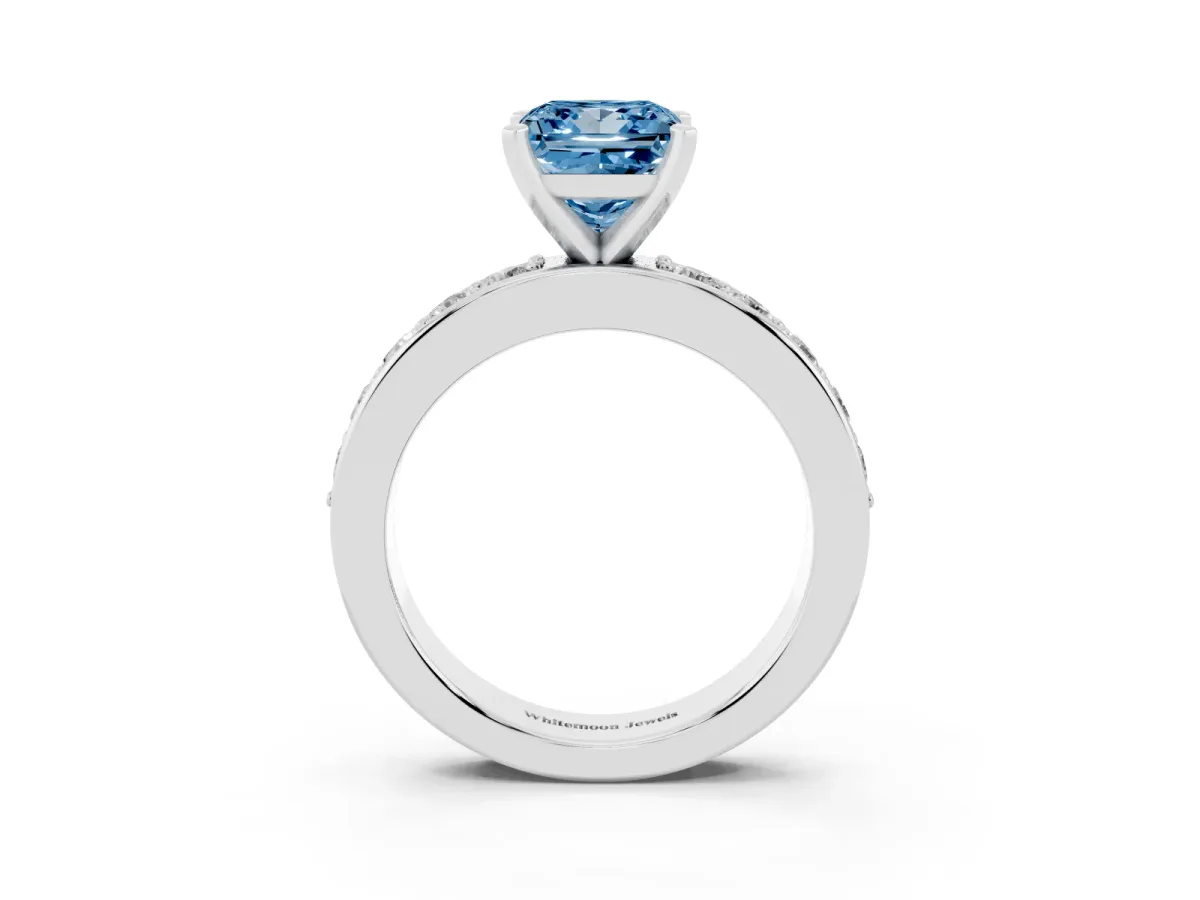 Fancy Blue Princess Cut Diamond Engagement Ring with Channel Set Round Band and Prong Setting Silver