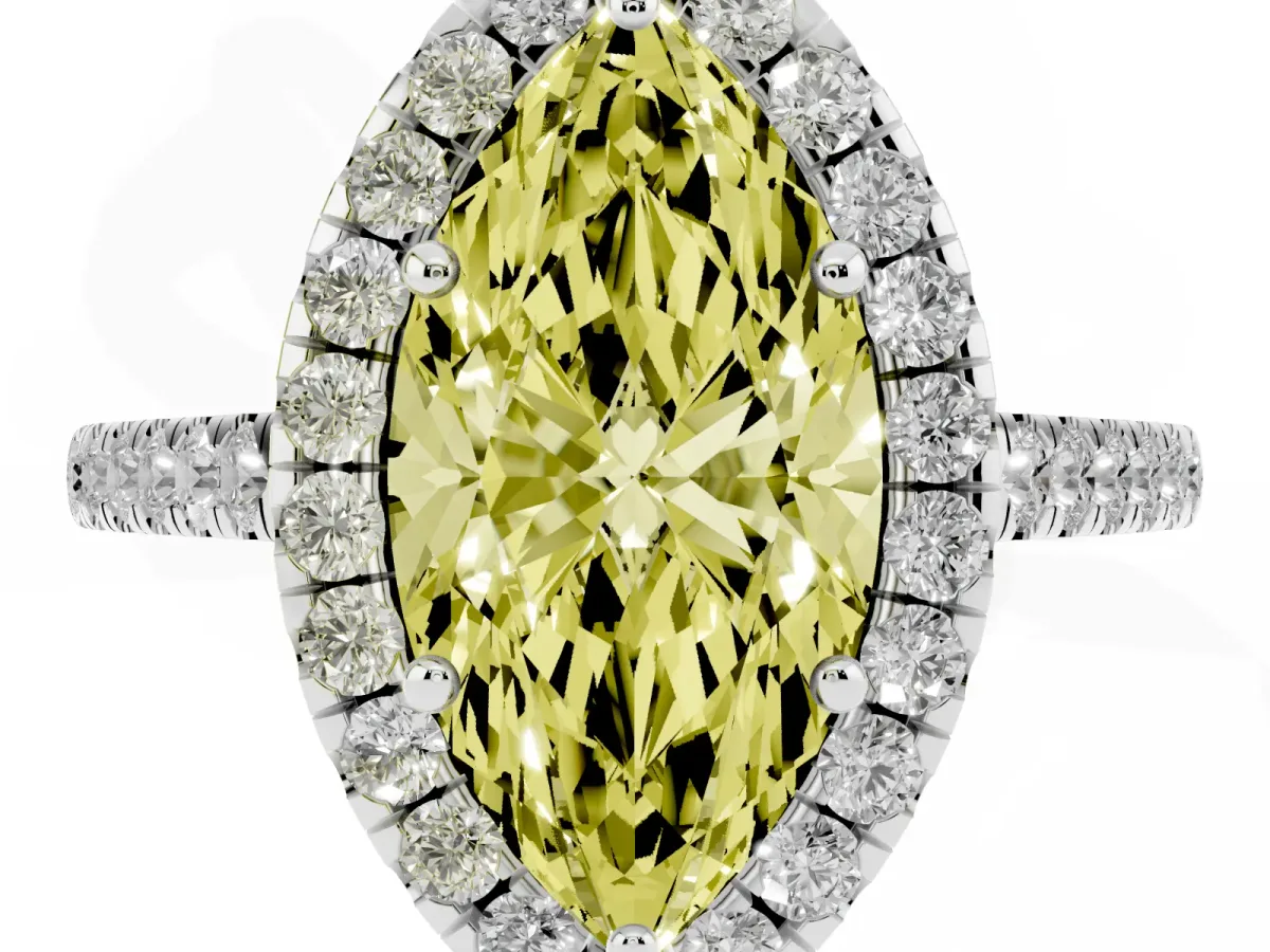 Fancy Yellow Marquise Cut Halo Pave Diamond Engagement Ring with Four-Prong Setting Silver