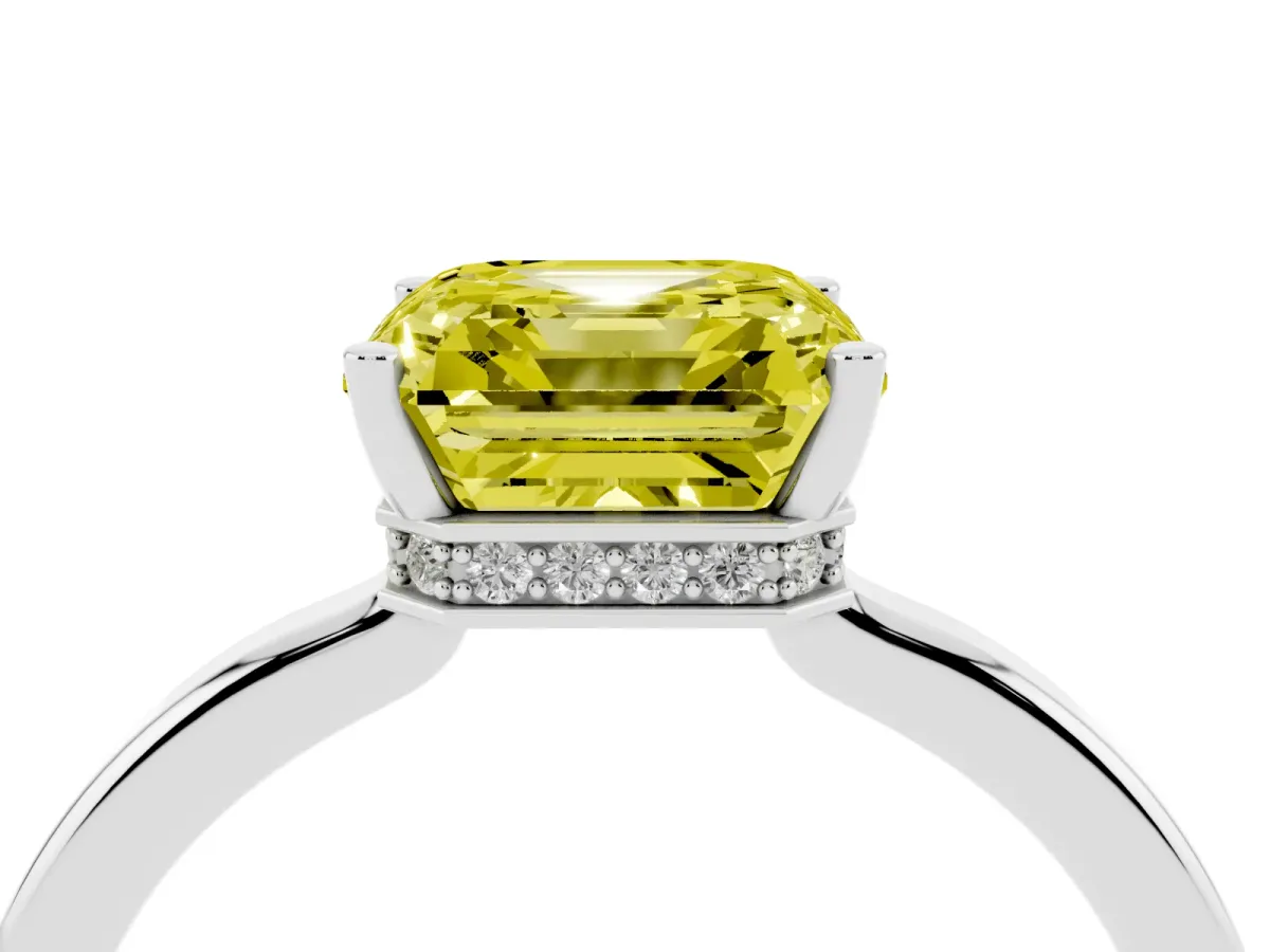 Fancy Yellow Asscher Cut Cut Solitaire Engagement Ring with Four-Prong Setting on a Classic Band Platinum