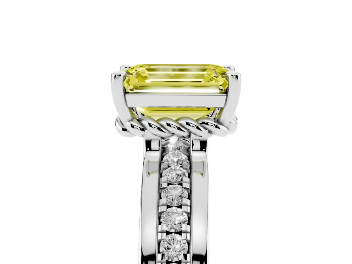 Fancy Yellow Emerald Cut Solitaire Diamond Ring with Channel Set Band and Six-Prong Setting Silver