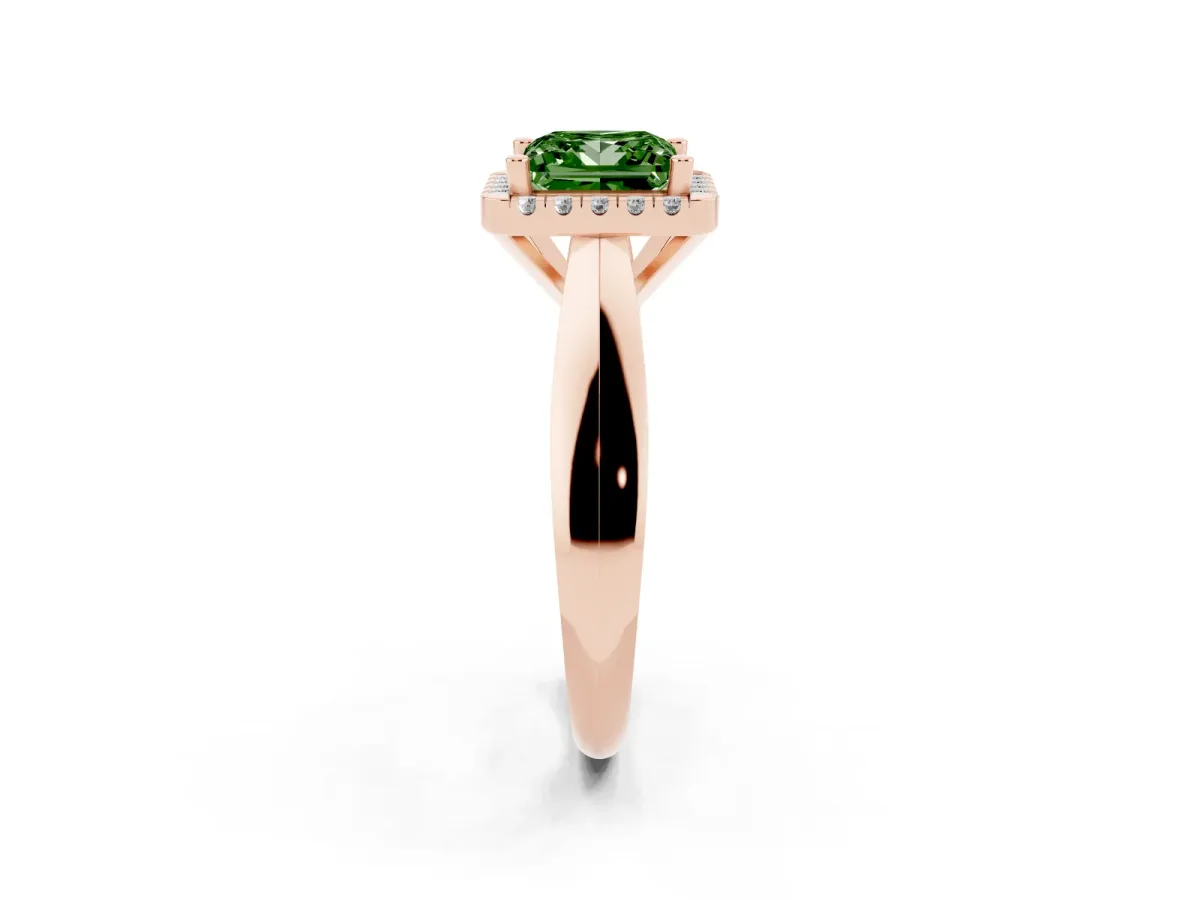 Fancy Green Princess Cut Cut Halo Solitaire Engagement Ring with Square Band and Four-Prong Setting Rose gold