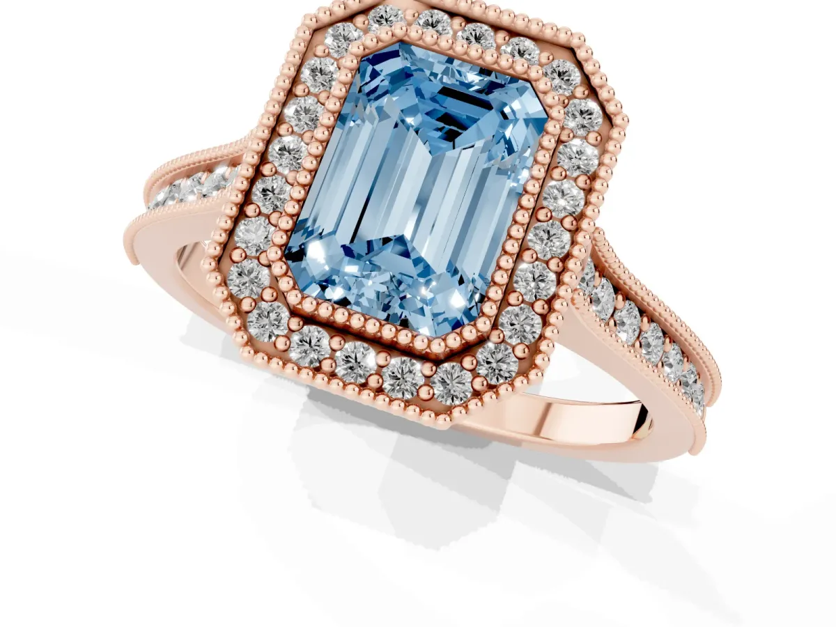 Fancy Blue Halo Emerald Cut-Cut Diamond Pave Band Milgrain Prong Setting Ring Rose gold