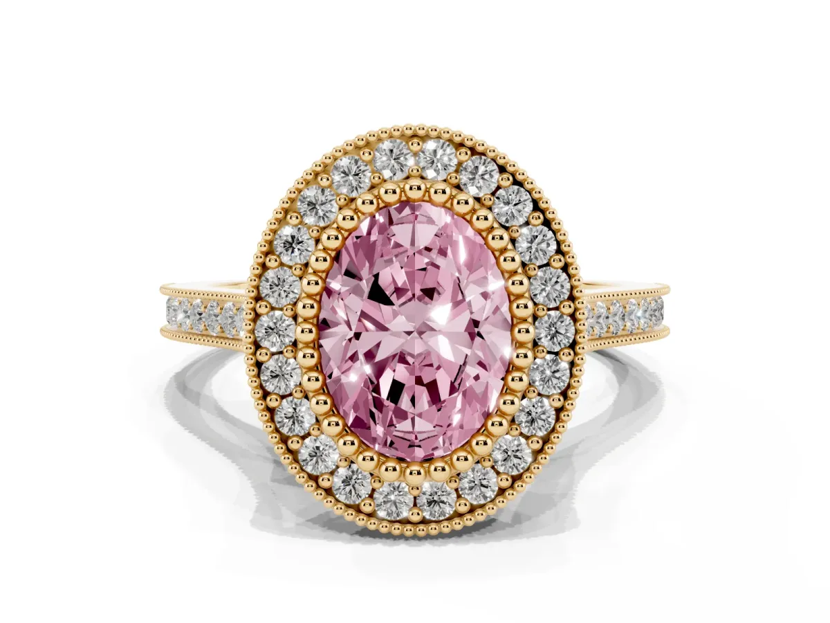 Fancy Pink Oval Cut Diamond Halo Ring with Milgrain Frame and Pavé Band Yellow gold