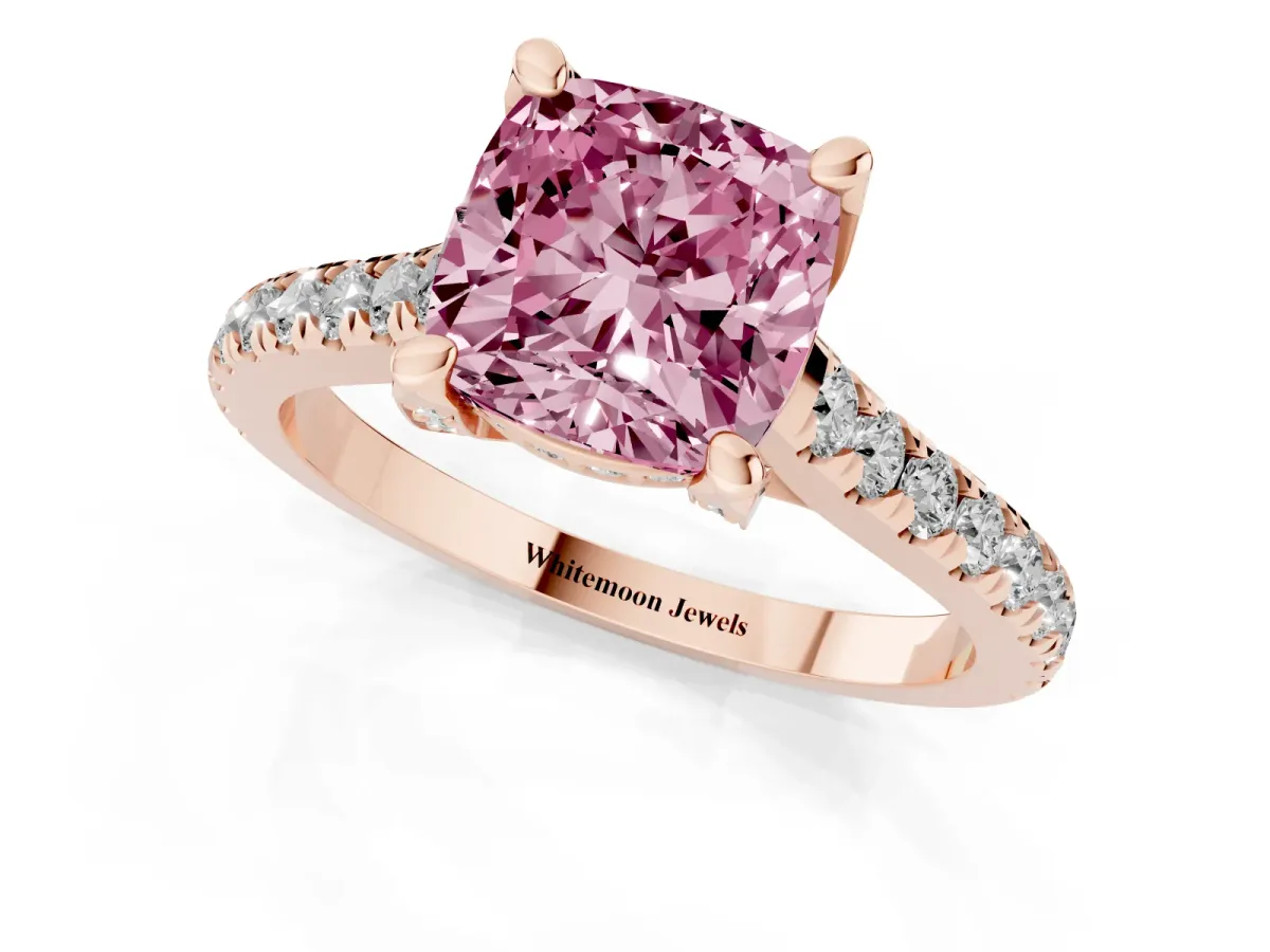 Fancy Pink Cushion Cut Brilliant Diamond Solitaire with Pavé Band and Four-Prong Setting Rose gold