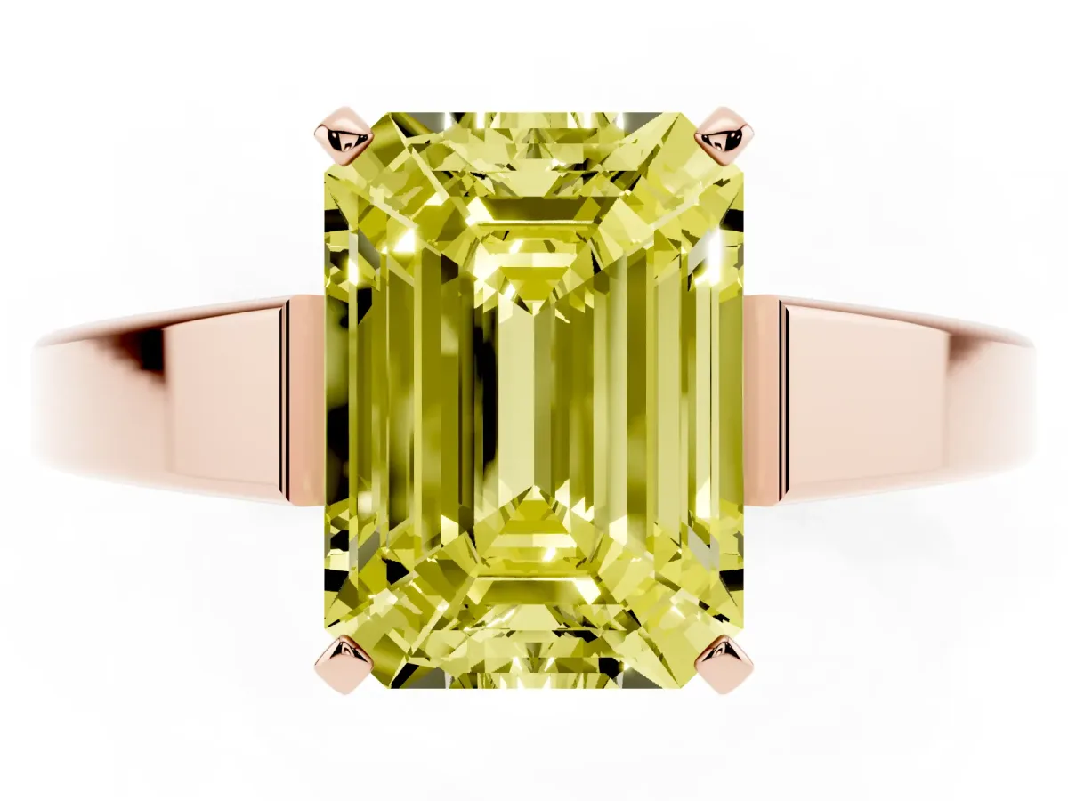 Fancy Yellow Emerald Cut Solitaire Engagement Ring with Four-Prong Setting and Tapered Band Rose gold