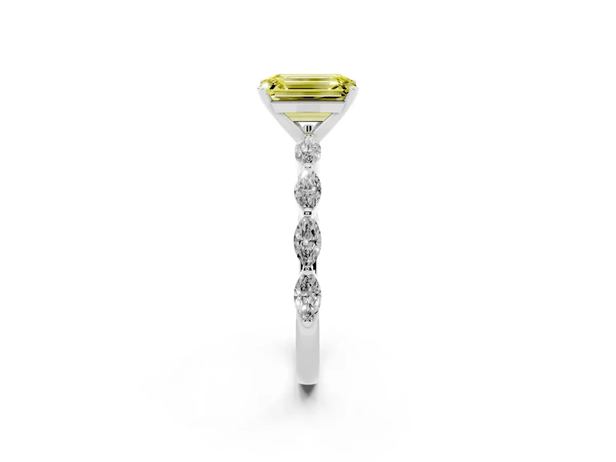 Fancy Yellow Emerald Cut Diamond Ring with Marquise Side Stones and Prong Setting Silver