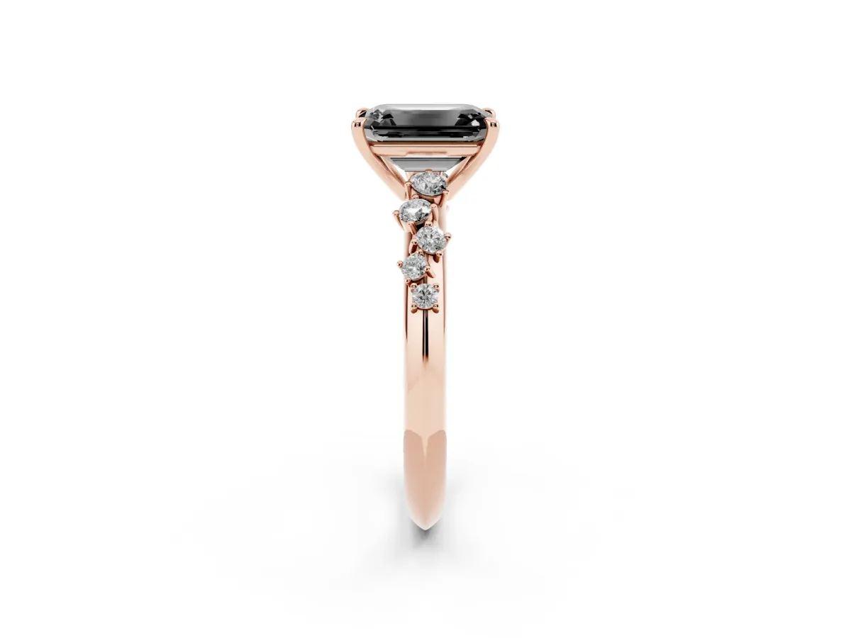 Fancy Black Emerald Cut Diamond Cluster Side Stone Solitaire Ring with Prong Setting Rose gold