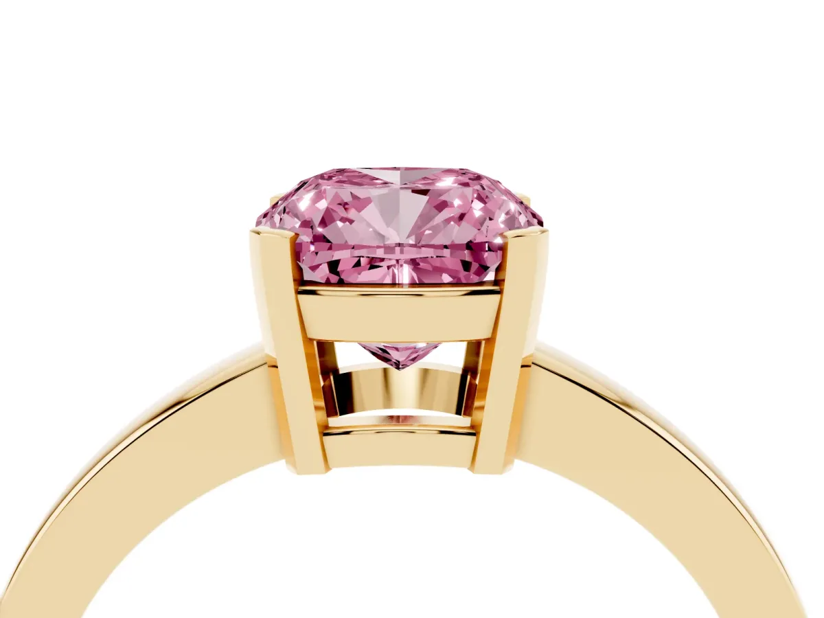 Fancy Pink Cushion Cut Cut Solitaire Ring with Four-Prong Setting and Classic Band Yellow gold