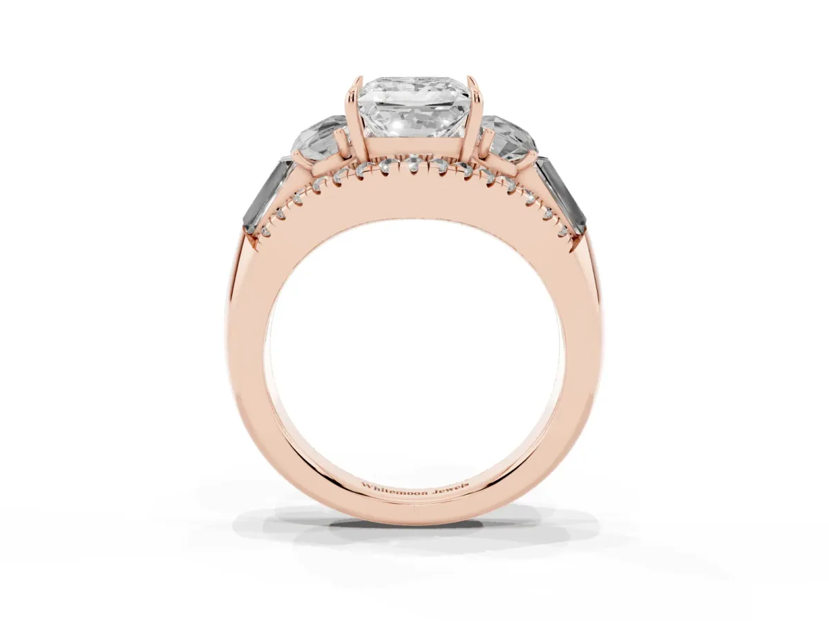 Three-Stone Princess Cut Diamond Engagement Ring with Pave Band and Prong Setting Rose gold