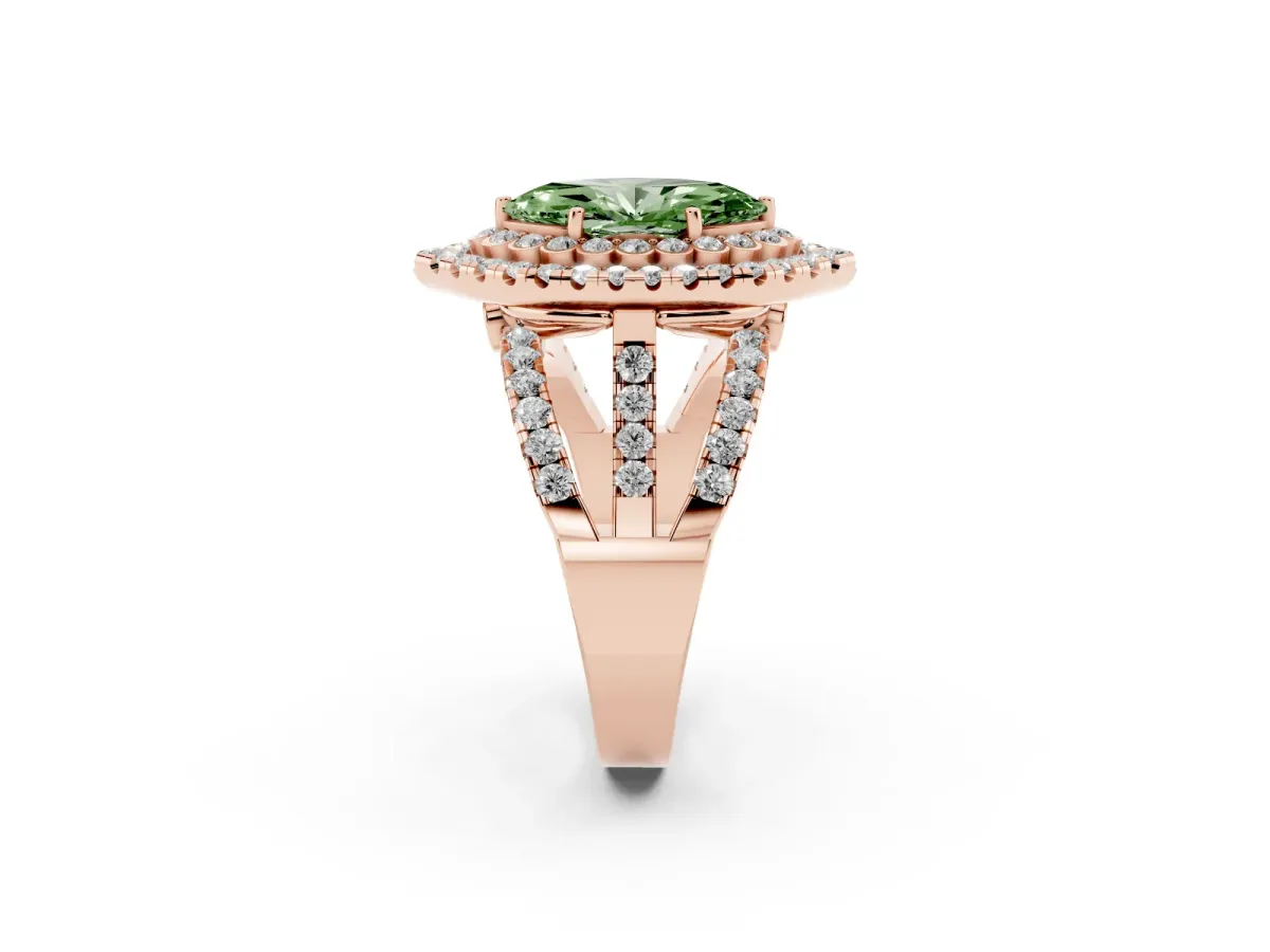 Fancy Green Marquise Cut Diamond Double Halo Ring with Round Pavé Split Shank and Prong Setting Rose gold