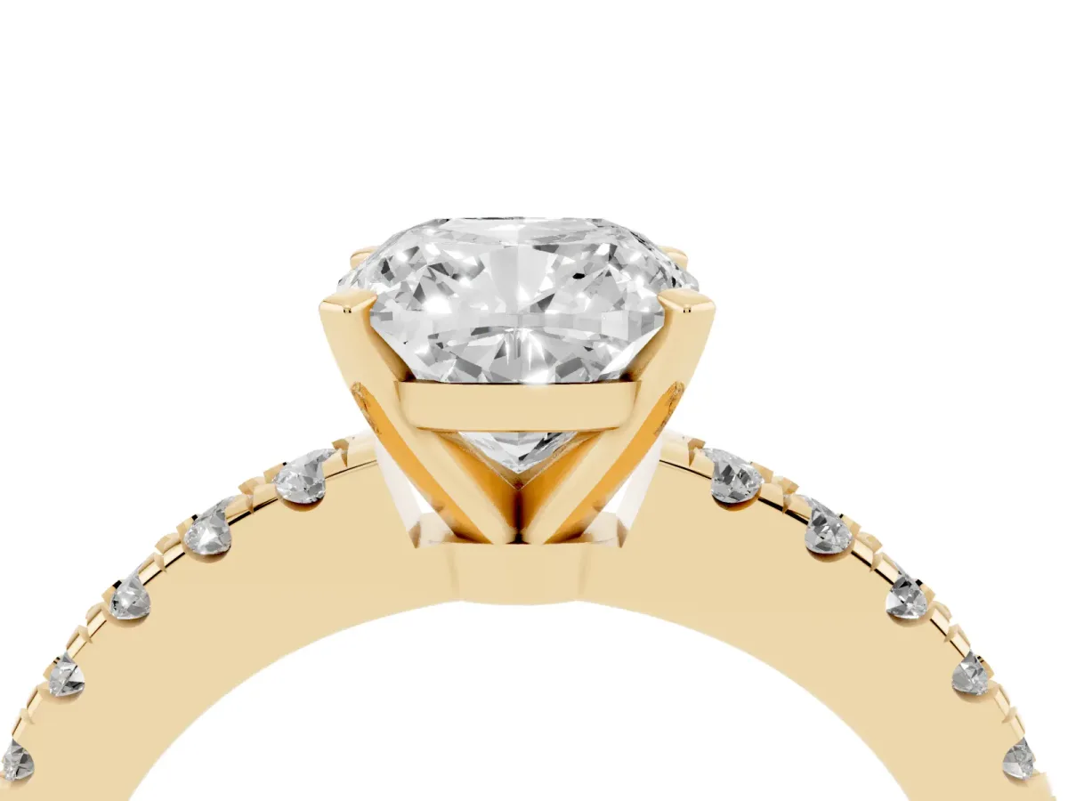 Cushion Cut Solitaire Diamond with Pavé Band and Four-Prong Setting Yellow gold