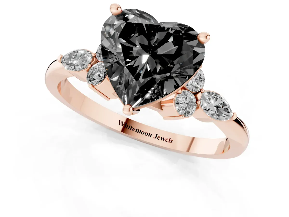 Fancy Black Heart Cut Brilliant Diamond Solitaire Ring with Pear Side Stones and Four-Prong Setting Rose gold