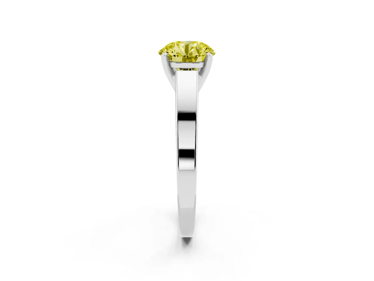 Fancy Yellow Round Cut Solitaire Engagement Ring with Four-Prong Setting and Tapered Band Silver