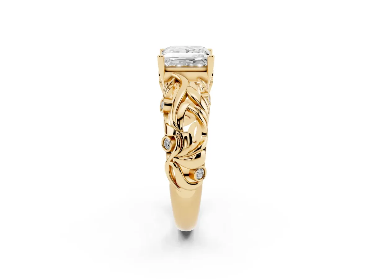 Princess Cut Solitaire Diamond Leaf-Inspired Vine Band Ring with Prong Setting Yellow gold