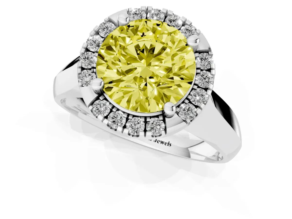 Fancy Yellow Round Cut Cut Halo Solitaire Engagement Ring with Square Band and Four-Prong Setting Silver