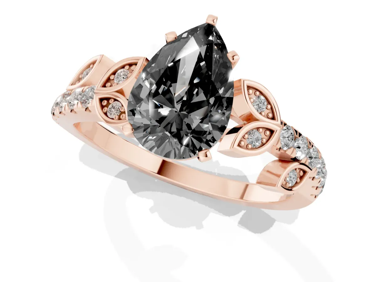 Fancy Black Pear Cut Solitaire Leaf-Inspired Diamond Ring with Pavé Band and Four-Prong Setting Rose gold