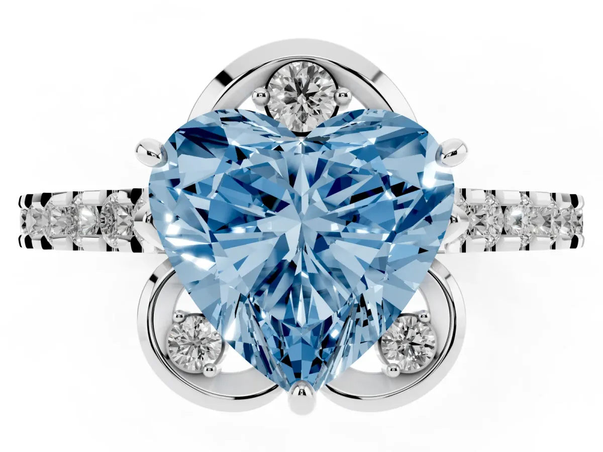 Fancy Blue Heart Cut Diamond Ring with Pavé Band and Floral Prong Setting White gold