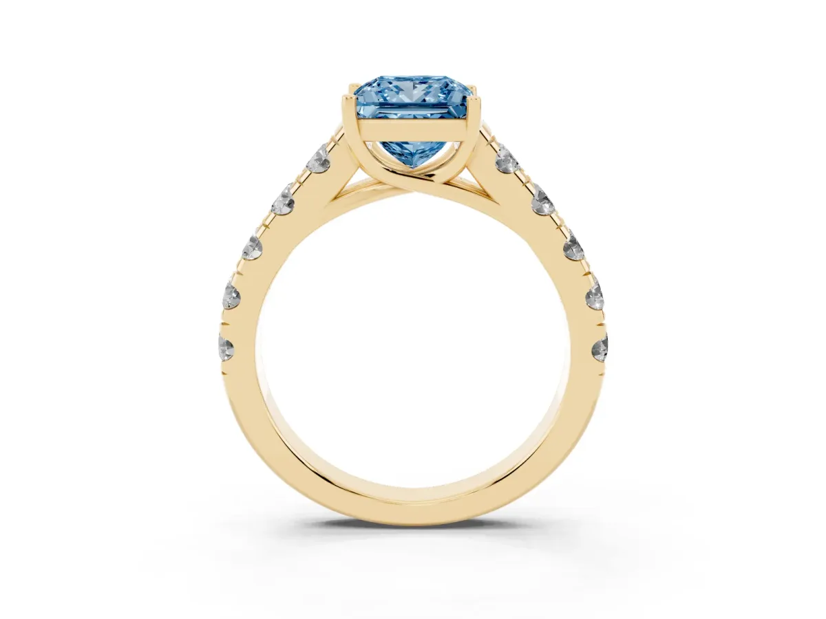 Fancy Blue Princess Cut Cut Diamond Solitaire Ring with Micro Pave Band and Prong Setting Yellow gold