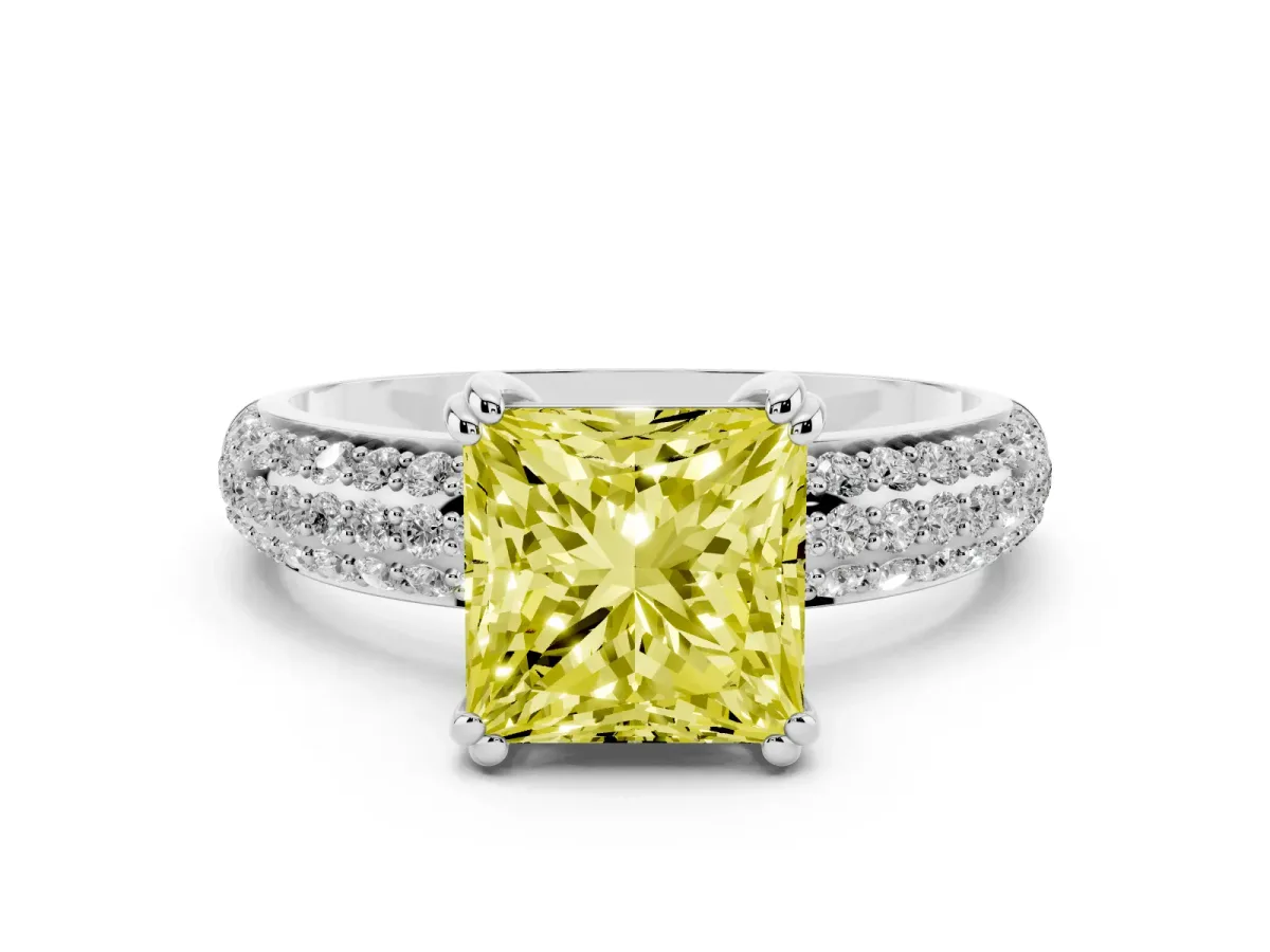 Fancy Yellow Princess Cut Diamond Solitaire Ring with Multi-Row Round Pavé Band and Prong Setting Silver