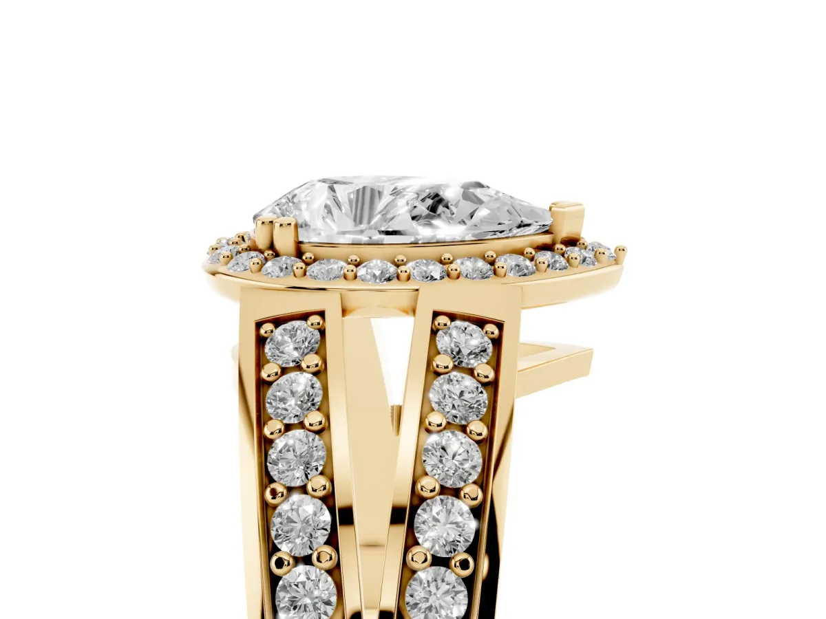 Pear Cut Diamond Halo Ring with Split Shank Pavé Band and Four-Prong Setting Yellow gold