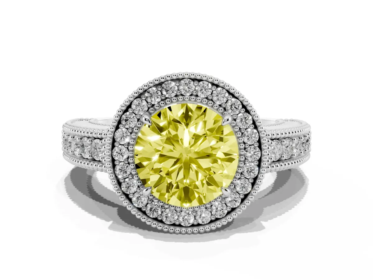 Fancy Yellow Round Cut Cut Halo Diamond Ring with Pavé Band and Four-Prong Setting Silver