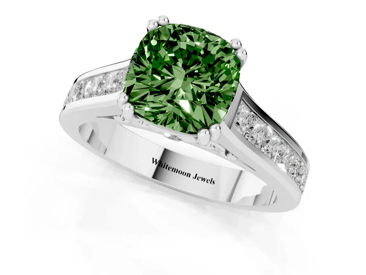 Fancy Green Cushion Cut Cut Channel Set Solitaire Engagement Ring with Prong Setting Silver