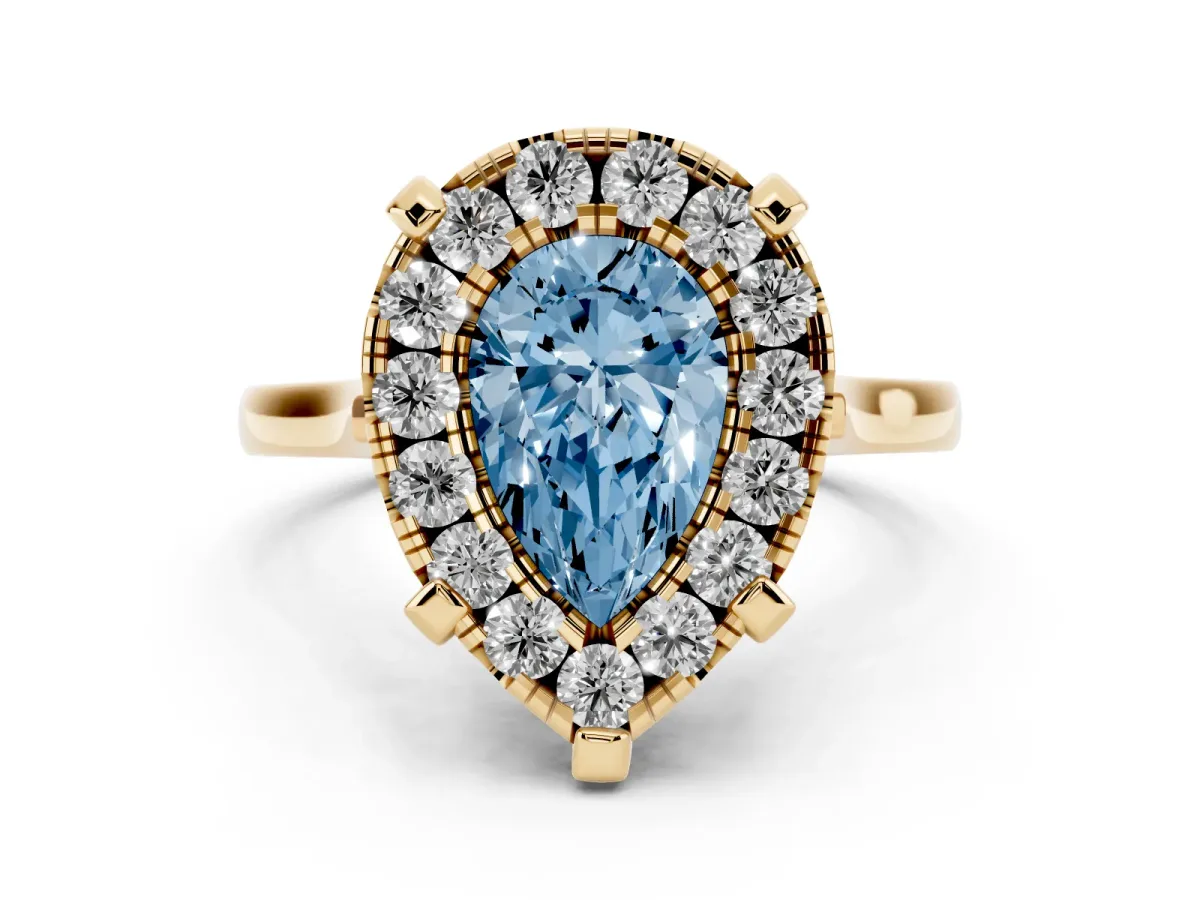 Fancy Blue Pear Cut Diamond Cluster Halo Solitaire with Four-Prong Setting Yellow gold