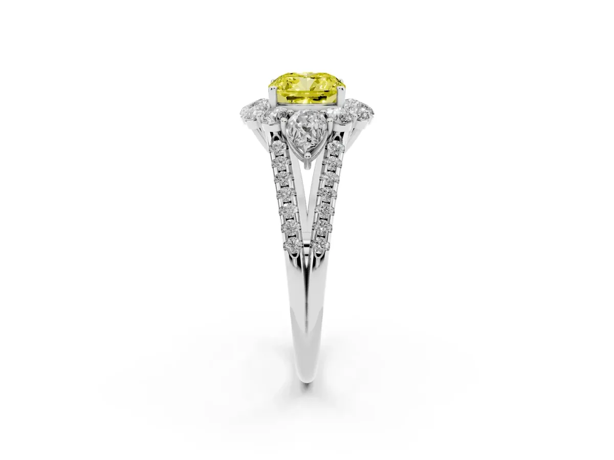 Fancy Yellow Cushion Cut Halo Split Shank Diamond Engagement Ring with Prong Setting Silver