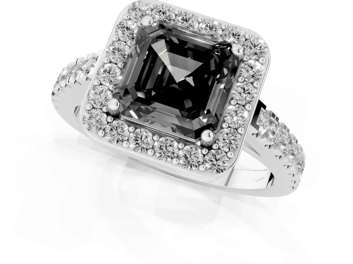 Fancy Black Asscher Cut Diamond Halo Ring with Round Pavé Split Shank and Prong Setting Silver