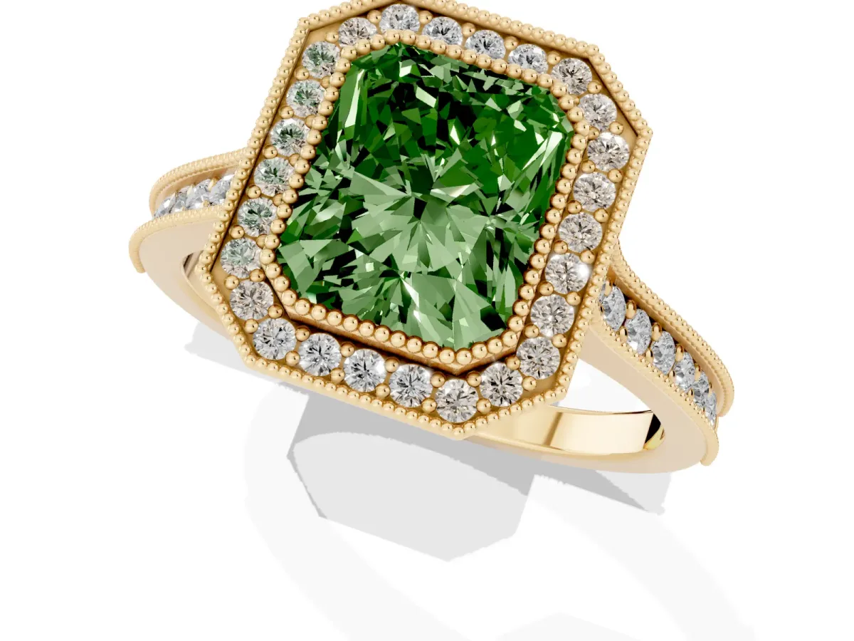 Fancy Green Halo Radiant Cut-Cut Diamond Pave Band Milgrain Prong Setting Ring Yellow gold