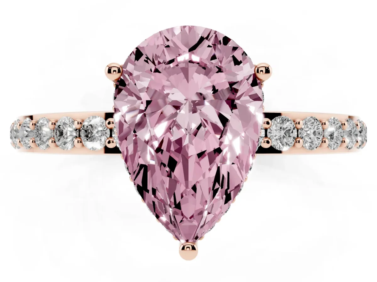 Fancy Pink Pear Cut Diamond Solitaire Ring with Pavé Band and Hidden Halo Rose gold