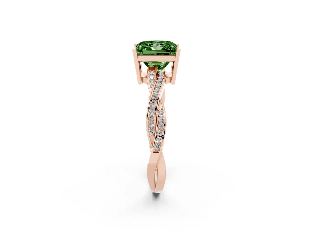 Fancy Green Princess Cut Solitaire Twisted Pave Diamond Ring with Four-Prong Setting Rose gold