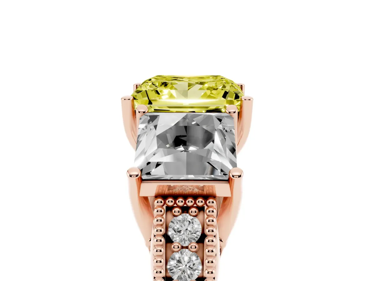 Fancy Yellow Three-Stone Princess Cut Cut Milgrain Pavé Engagement Ring Rose gold