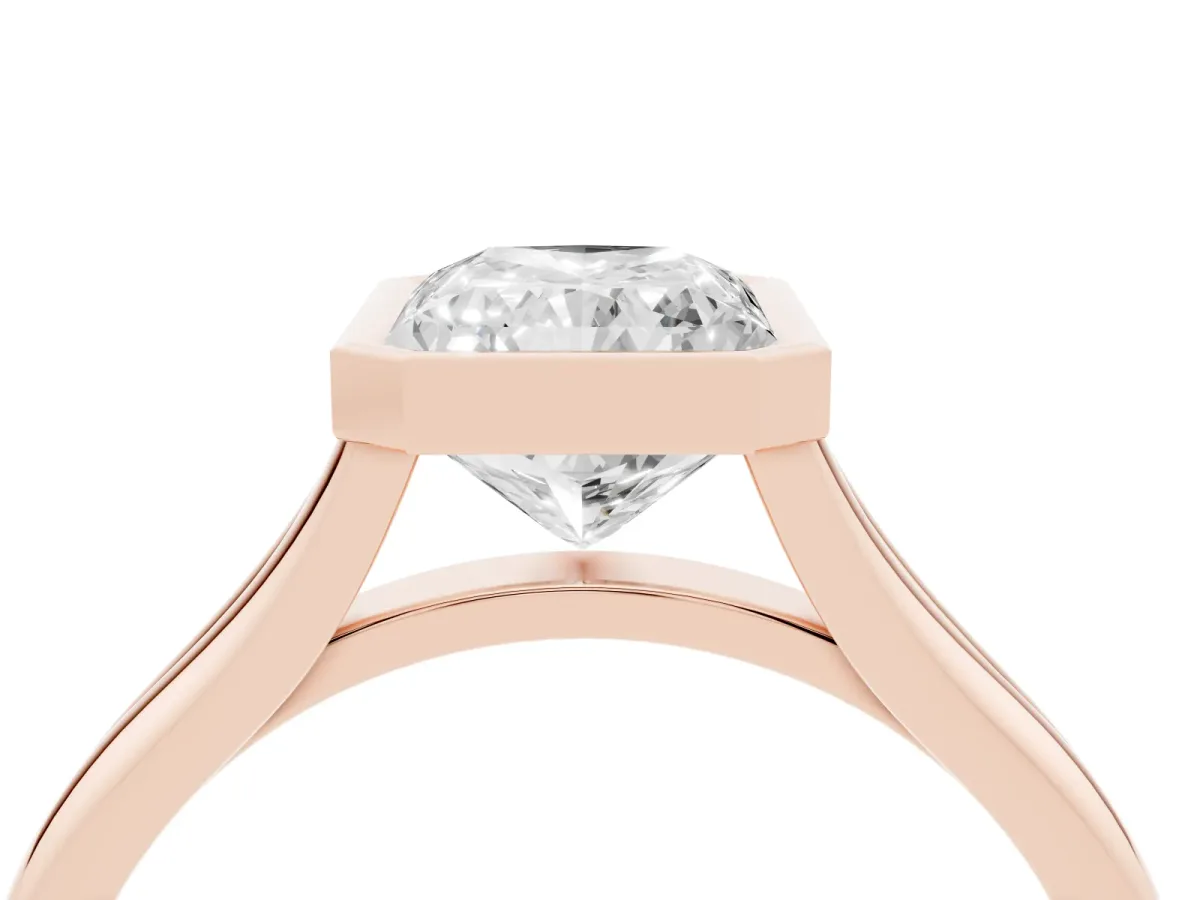 Bezel Set Radiant Cut Cut Solitaire Ring with Tapered Band Rose gold