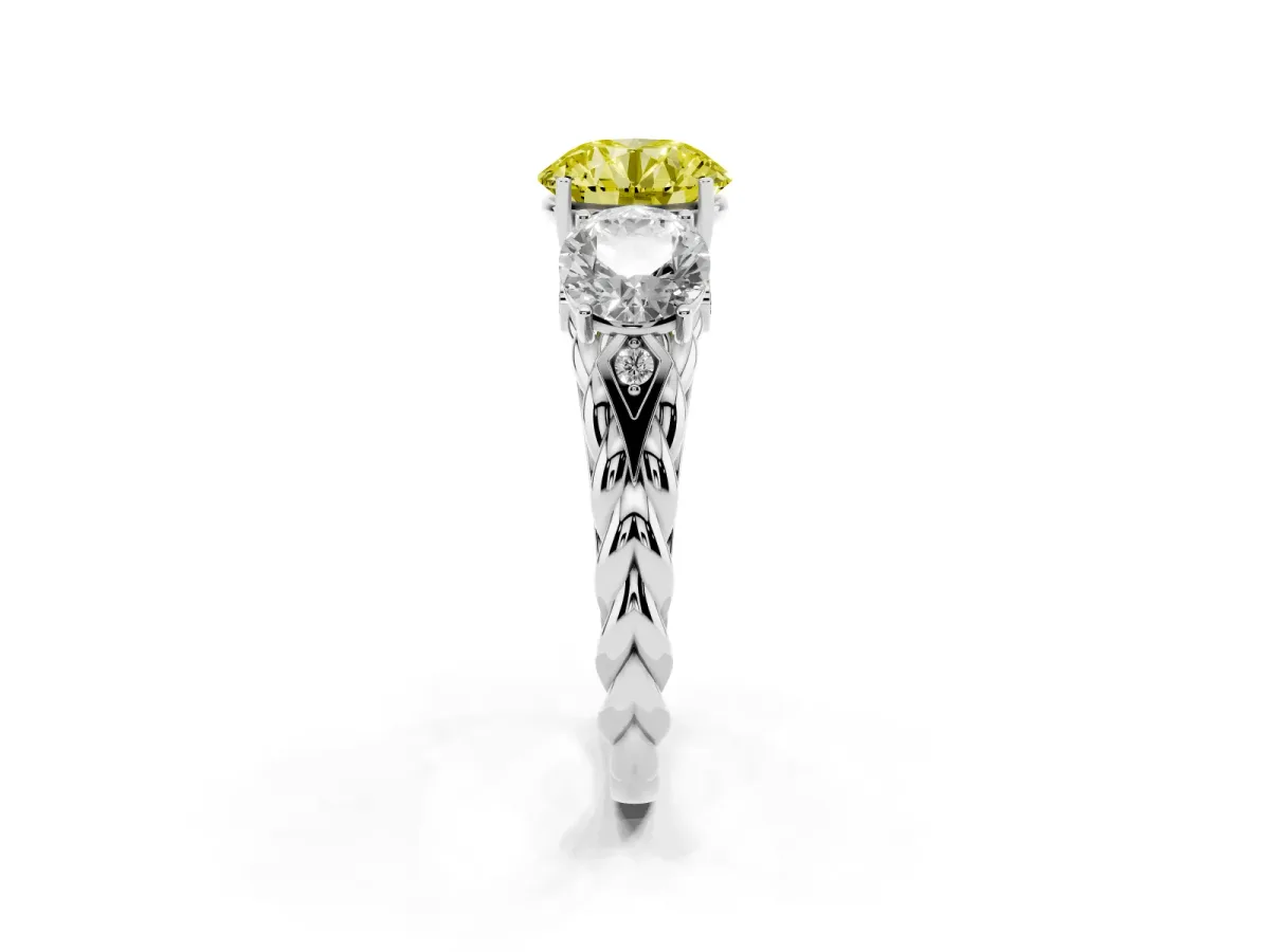 Fancy Yellow Three-Stone Round Cut Diamond Braided Band Ring with Four-Prong Setting Platinum