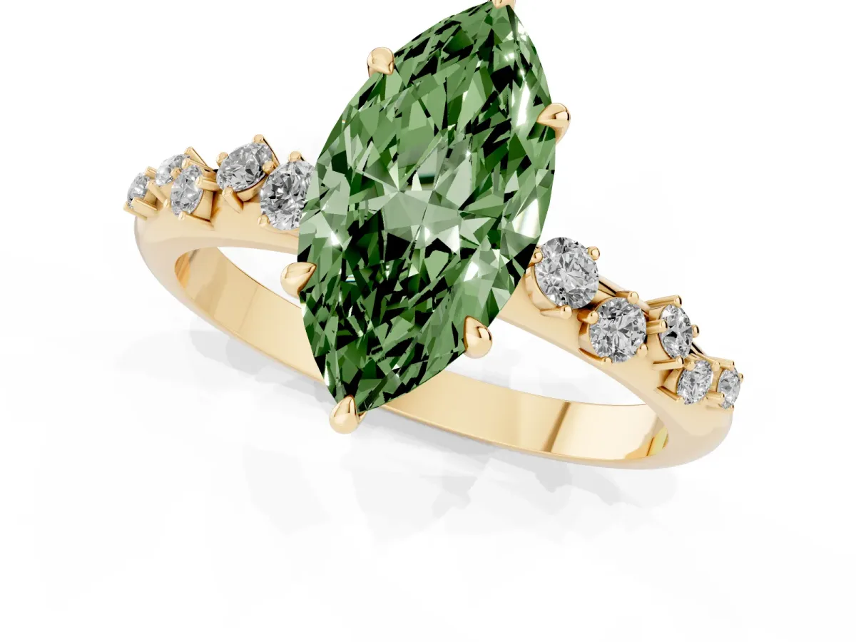Fancy Green Marquise Cut Diamond Cluster Prong-Set Solitaire Ring Yellow gold