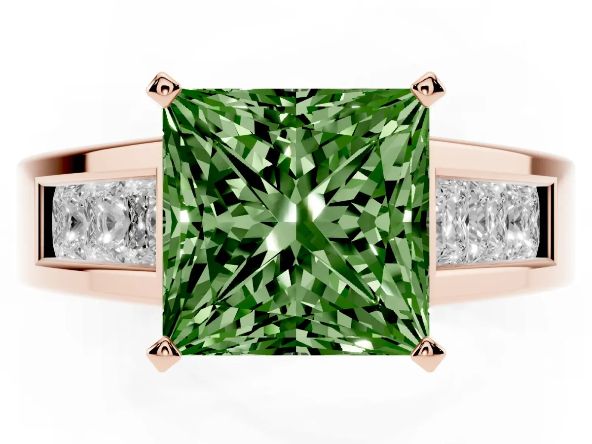 Fancy Green Princess Cut Cut Channel Set Solitaire Ring with Four-Prong Setting Rose gold