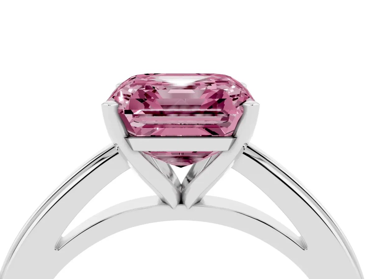 Fancy Pink Asscher Cut Solitaire Diamond Ring with Four-Prong Setting and Classic Band Platinum