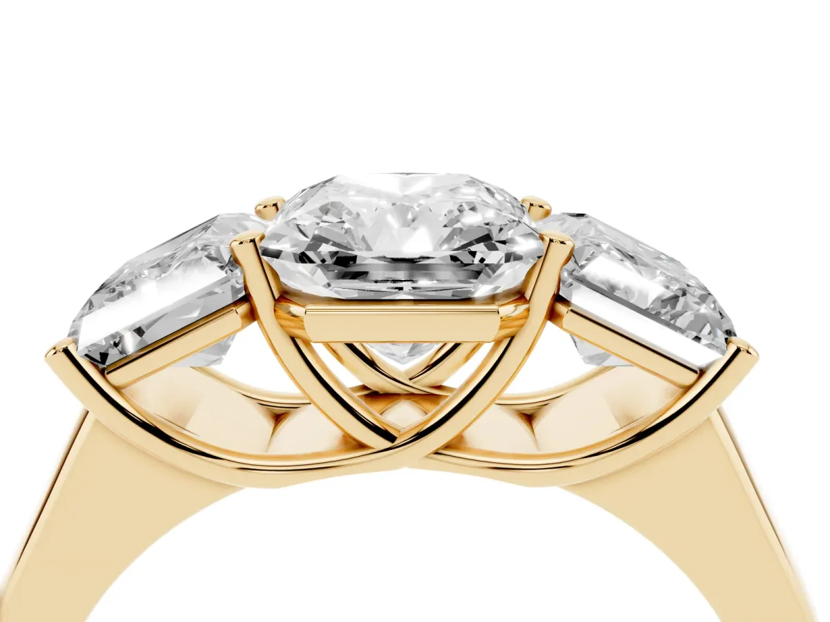 Radiant Cut Three-Stone Diamond Ring with Prong Setting on a Classic Band Yellow gold