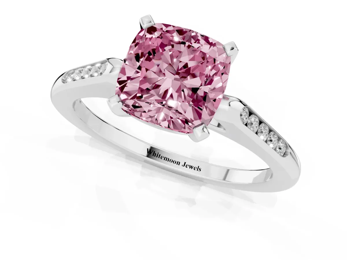 Fancy Pink Cushion Cut Diamond Solitaire Ring with Channel Set Round Band and Prong Setting Silver