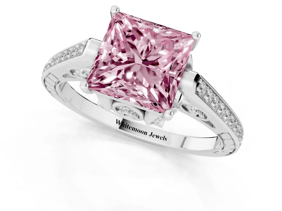 Fancy Pink Princess Cut Cut Cathedral Pave Diamond Engagement Ring with Six-Prong Setting Silver