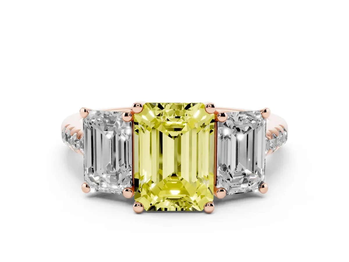 Fancy Yellow Three-Stone Emerald Cut Diamond Ring with Round Pavé Band and Prong Setting Rose gold