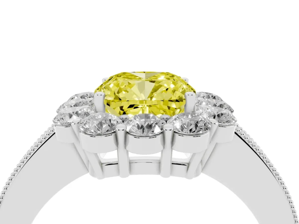 Fancy Yellow Cushion Cut Cut Halo Diamond Pavé Engagement Ring with Milgrain Detailing White gold
